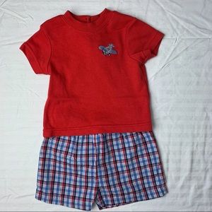 Kidgets shorts and shirt set, red top w airplane, plaid shorts, 0-6 months